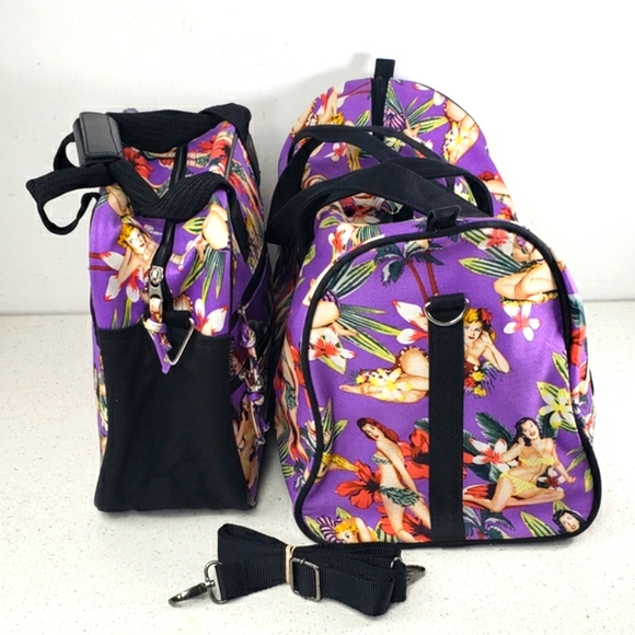 AlfaGear Duffel Bag & Tablet Hawaiian Flower Pin up Gals Travel Gym Tote Bag Set - Picture 3 of 14